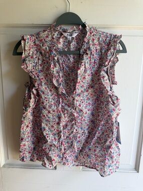 H&M White Floral Ruffle Sleeveless Blouse with Pink & Blue Accents